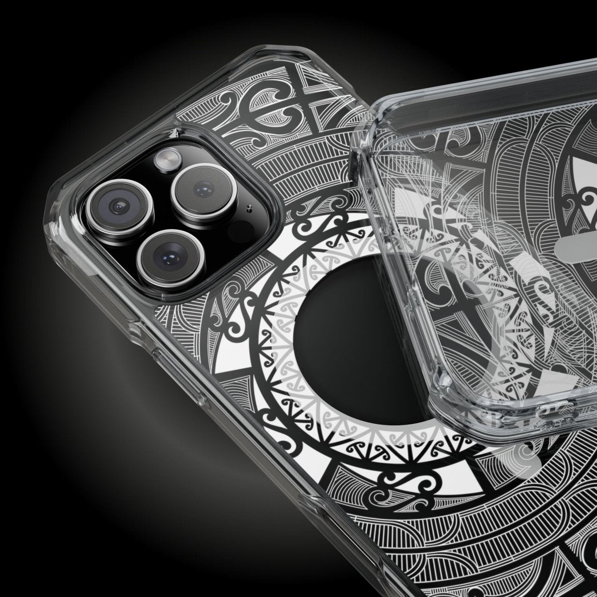 MagSafe clear case for iPhone 16 featuring Māori design, transparent protective case with MagSafe compatibility.