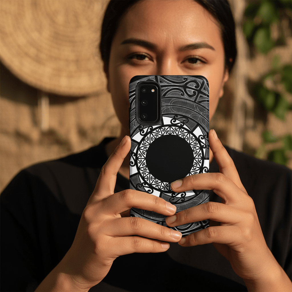 Samsung phone case with Māori Koko Samoa design, clear MagSafe case for iPhone, featuring traditional Māori art.