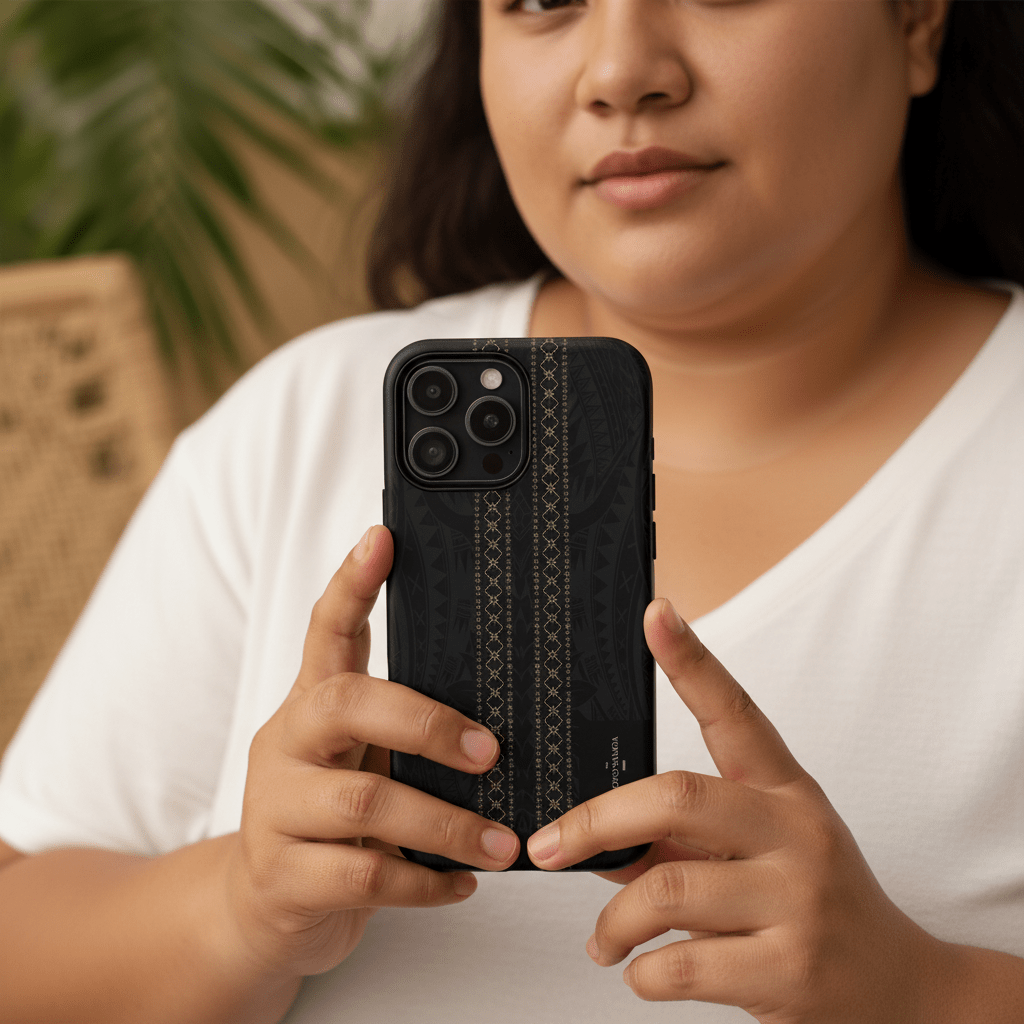 Tough Phone Case Malu design for AU/NZ/USA, durable protective case with Polynesian-inspired artwork displayed on the phone.