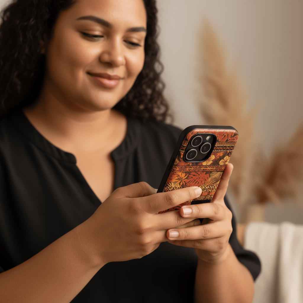 Tough phone case featuring the Poutasi Promise design with tropical island artwork for AU, NZ, and US models.