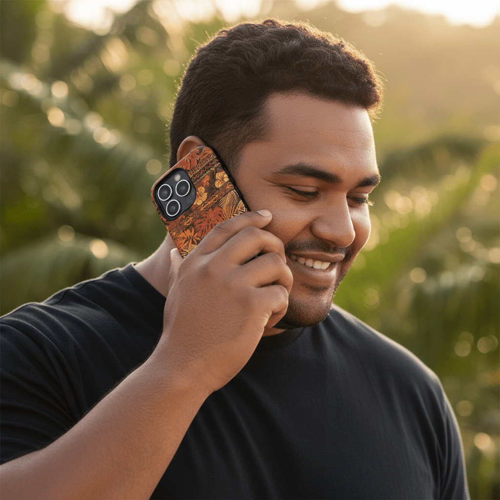 Durable Tough Phone Case with Poutasi Promise design featuring vibrant Koko Samoa motif for AU, NZ, and US models