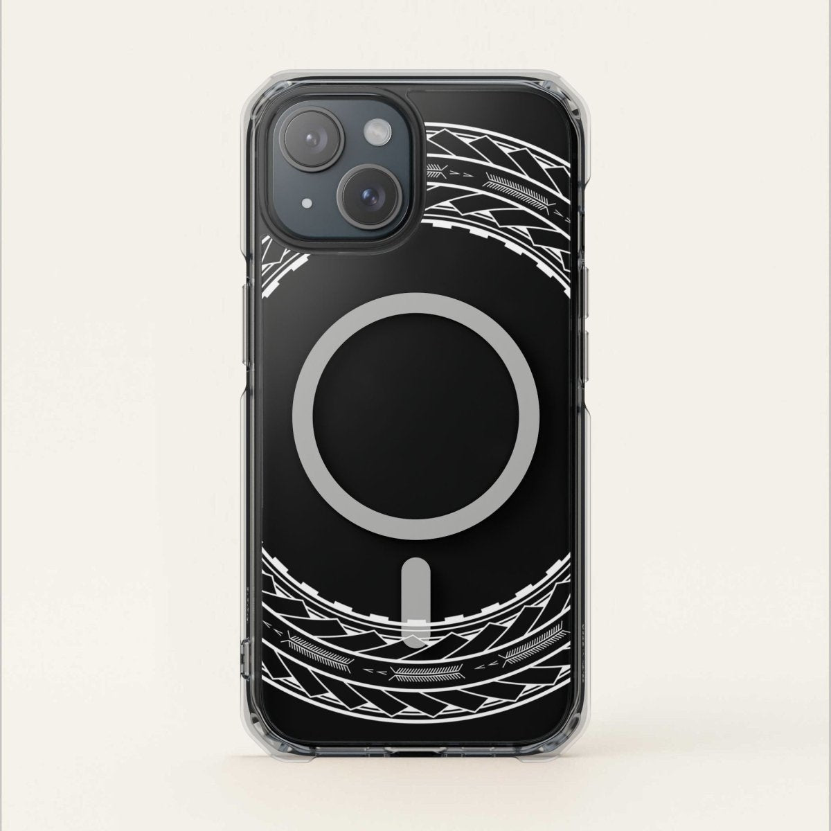 MagSafe clear case for iPhone 16 featuring Samoan Arrows design, transparent protective phone cover.