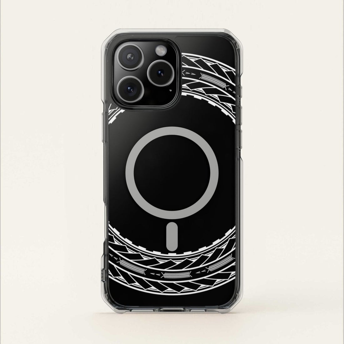 MagSafe clear case for iPhone 16 featuring Samoan Arrows design, transparent protective cover with MagSafe compatibility