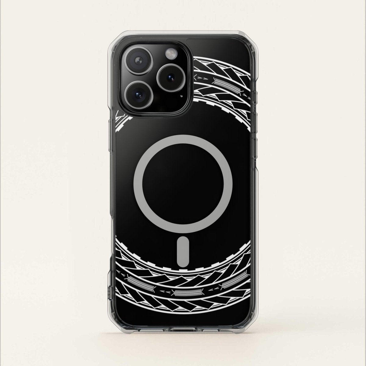 MagSafe clear case for iPhone 16 featuring Samoan Arrows design, transparent protective cover with MagSafe compatibility