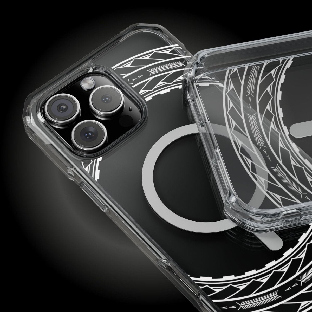 MagSafe clear case for iPhone 16 with Samoan Arrows design, showcasing a transparent protective cover with cultural patterns.