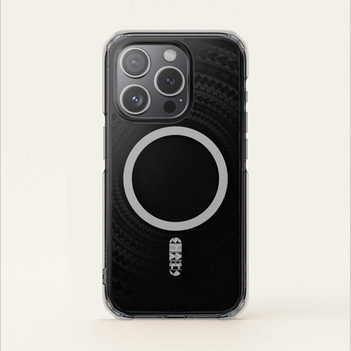 MagSafe iPhone clear case in Samoan Black for iPhone 16, showcasing a transparent design with black accents.