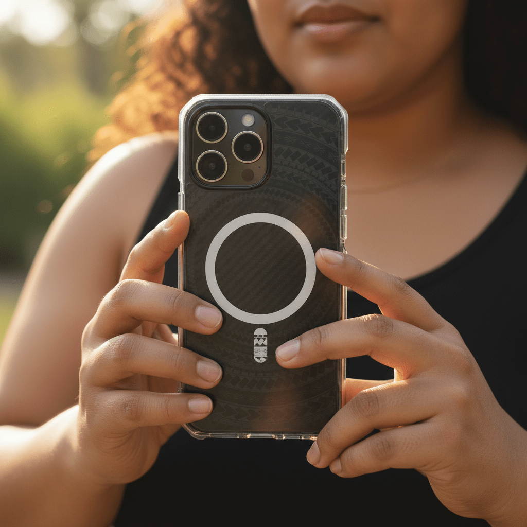 MagSafe iPhone clear case in Samoan Black with traditional Koko Samoa design, compatible with AU, NZ, and US models.
