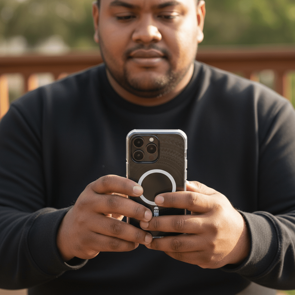 MagSafe clear case for iPhone featuring Samoan black design, transparent protection, and magnetic compatibility.