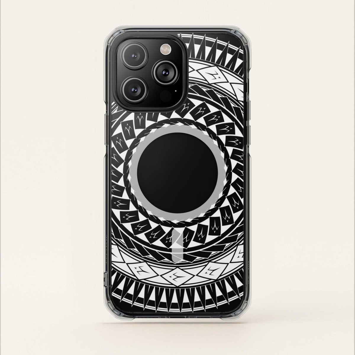 MagSafe clear case for iPhone 16 featuring Samoan spear design, transparent protective Magsafe phone cover.