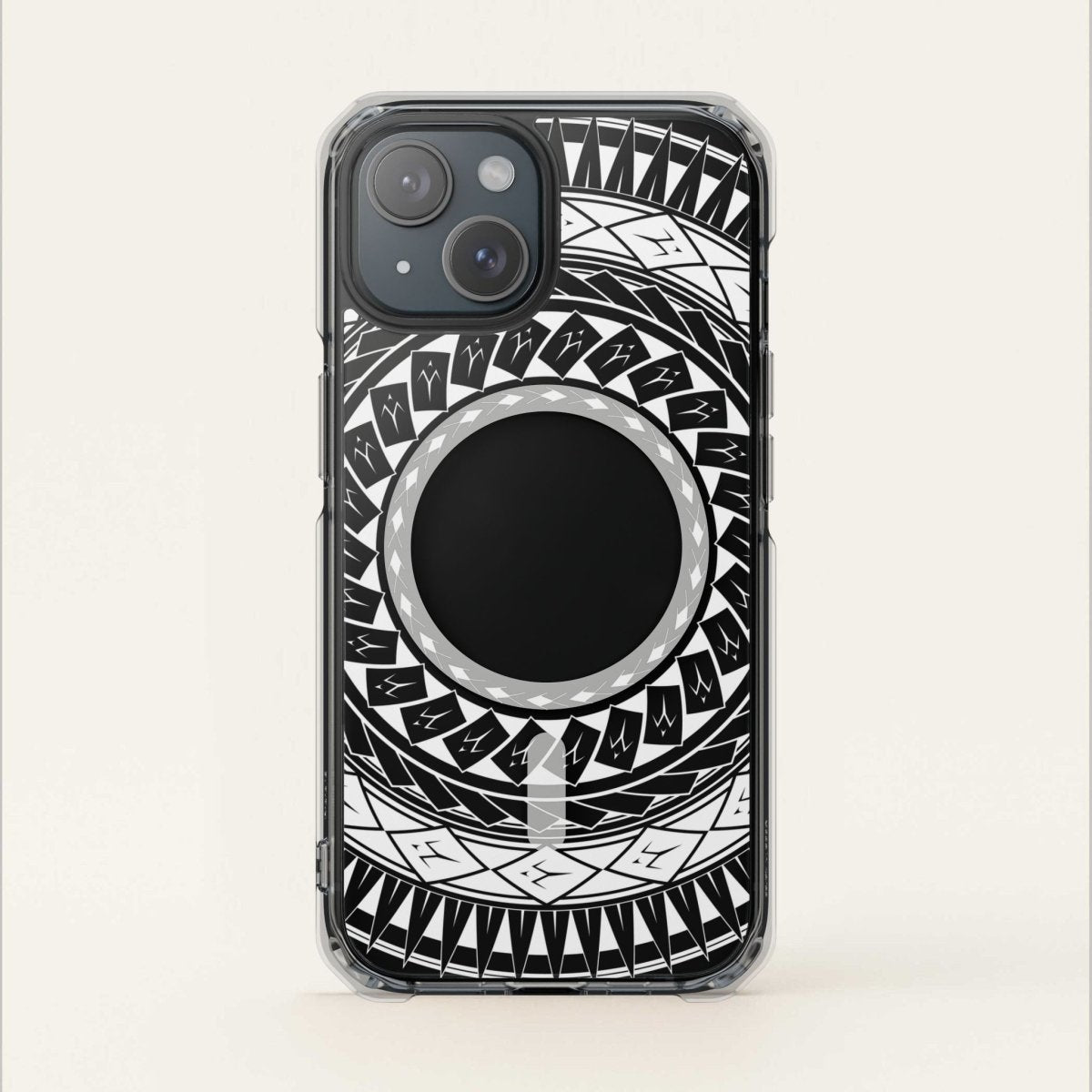MagSafe clear case for iPhone 16 featuring Samoan spear design, transparent Magsafe protective cover.