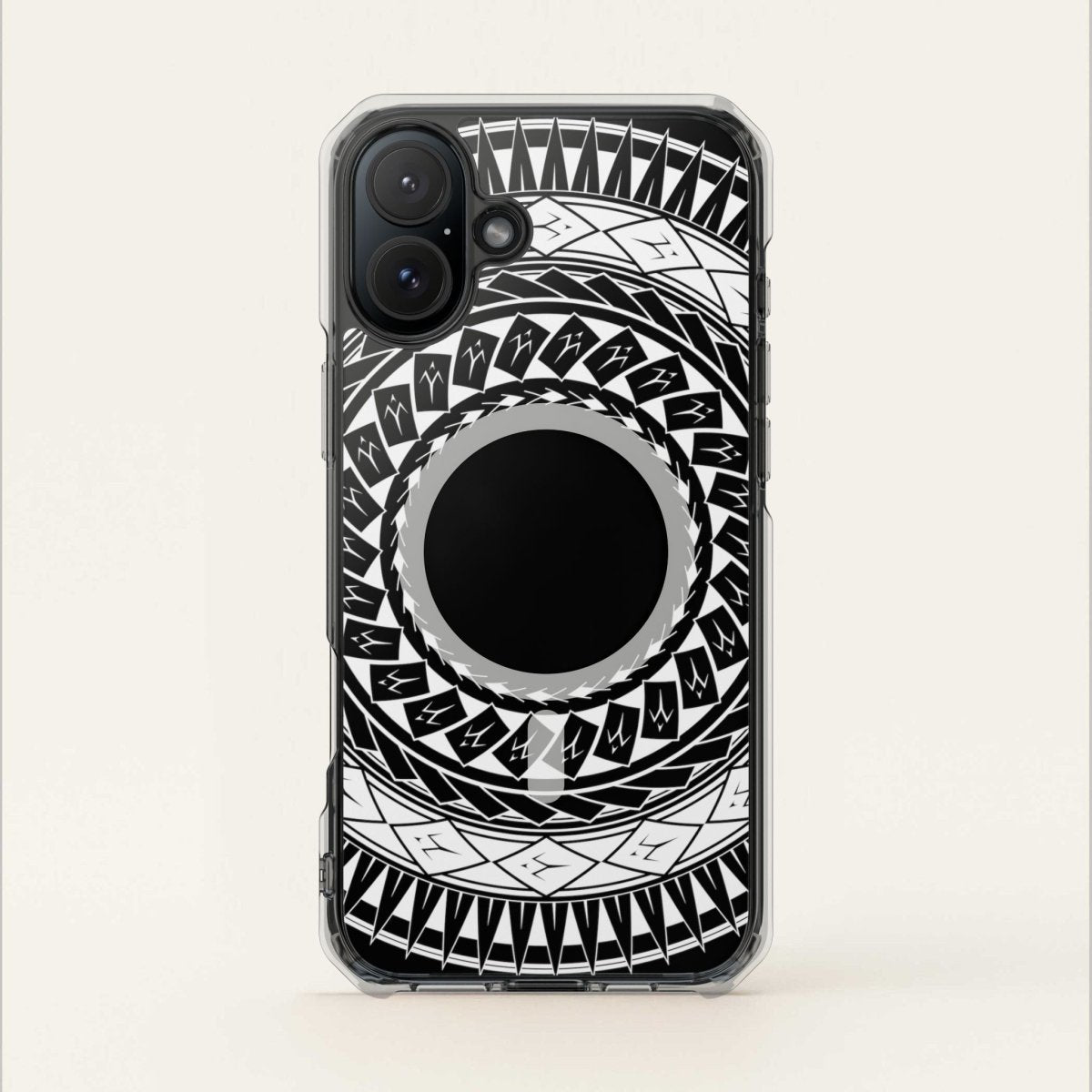 MagSafe clear case for iPhone 16 featuring Samoan spear design, transparent protective Magsafe cover.