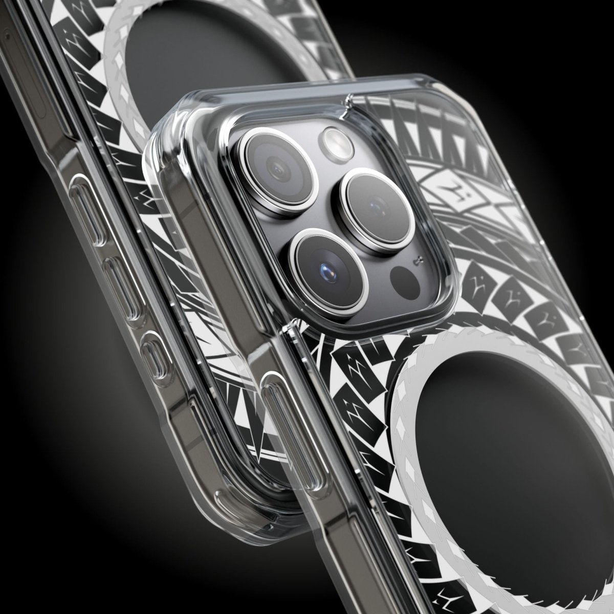MagSafe clear case for iPhone 16 featuring a Samoan spear design, transparent protective cover.