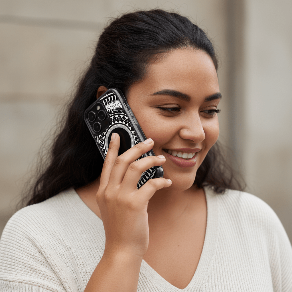 MagSafe iPhone clear case featuring Samoan spear design, transparent protective cover for iPhone models.