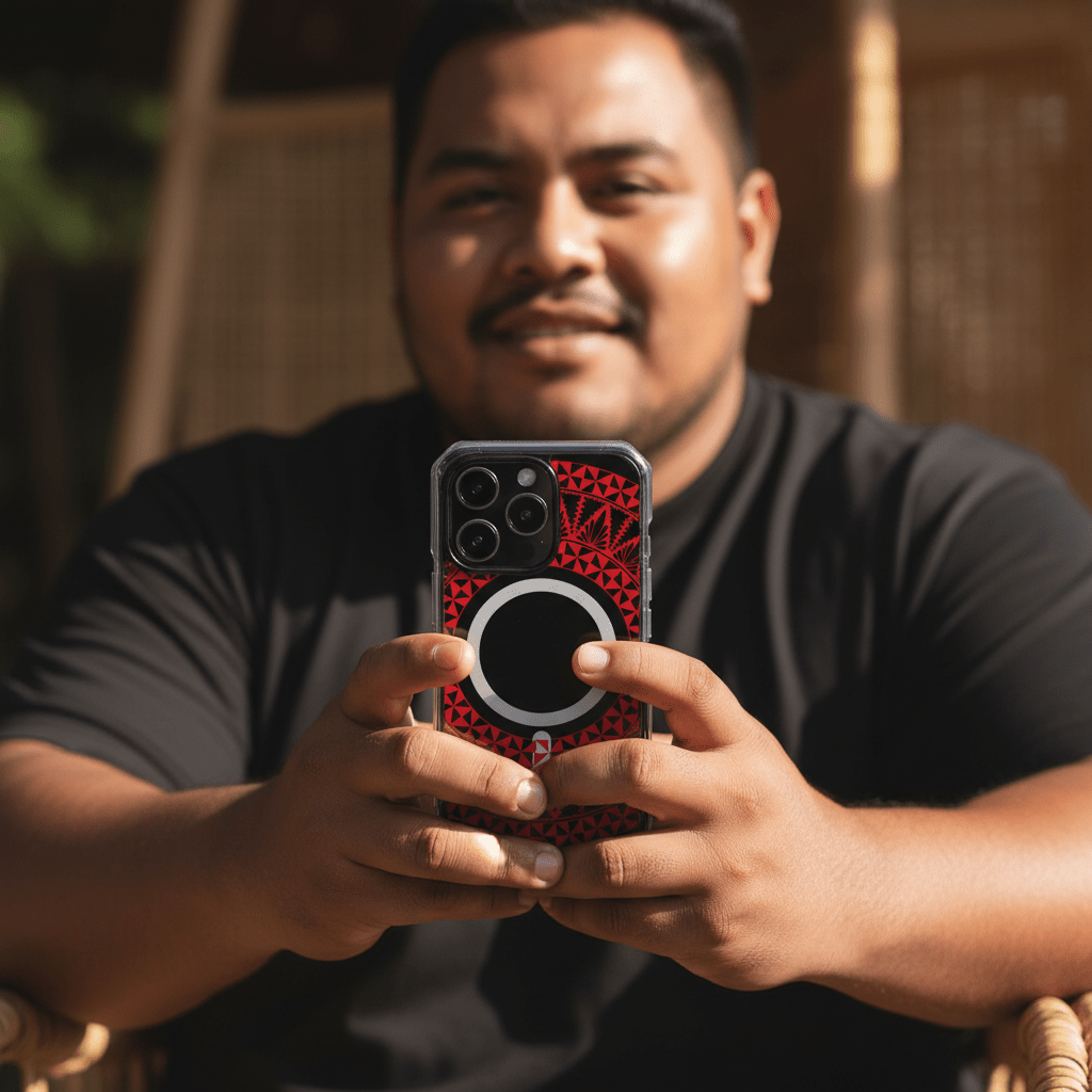 MagSafe clear iPhone case in Tongan Redleaf design, featuring traditional Tongan and Samoan patterns.