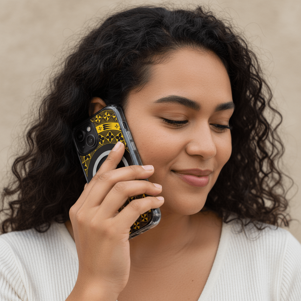 MagSafe clear case for iPhone in Tongan Yellow, showcasing a vibrant, transparent design with Pacific-inspired accents.