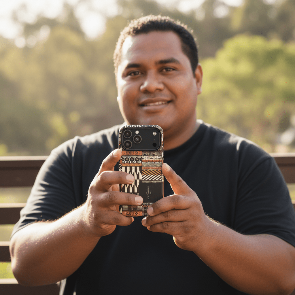 WOYC Tough Phone Case with Apia Mosaic design, durable protection for smartphones, featuring colorful island-inspired patterns.