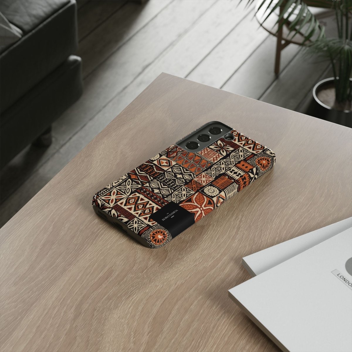 WOYC Tough Phone Case Elei design for AU/NZ/USA, protective hard case with vibrant Samoa-inspired pattern for iPhone and Android.