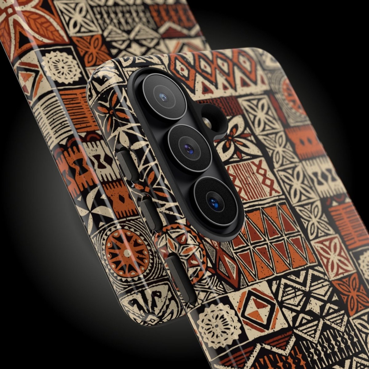 Durable Elei tough phone case for AU, NZ, and USA with vibrant Samoan-inspired design on a smartphone.