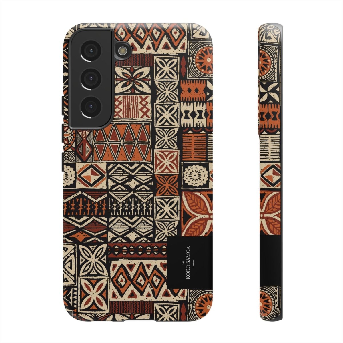 WOYC Tough Phone Case Elei design for AU/NZ/USA, durable protective cover with Polynesian-style pattern on a smartphone.