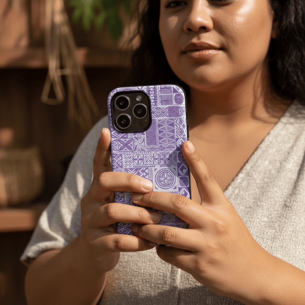 WOYC Tough Phone Case in lavender Elei design, durable protective cover for smartphones, featuring traditional Samoan textile pattern.