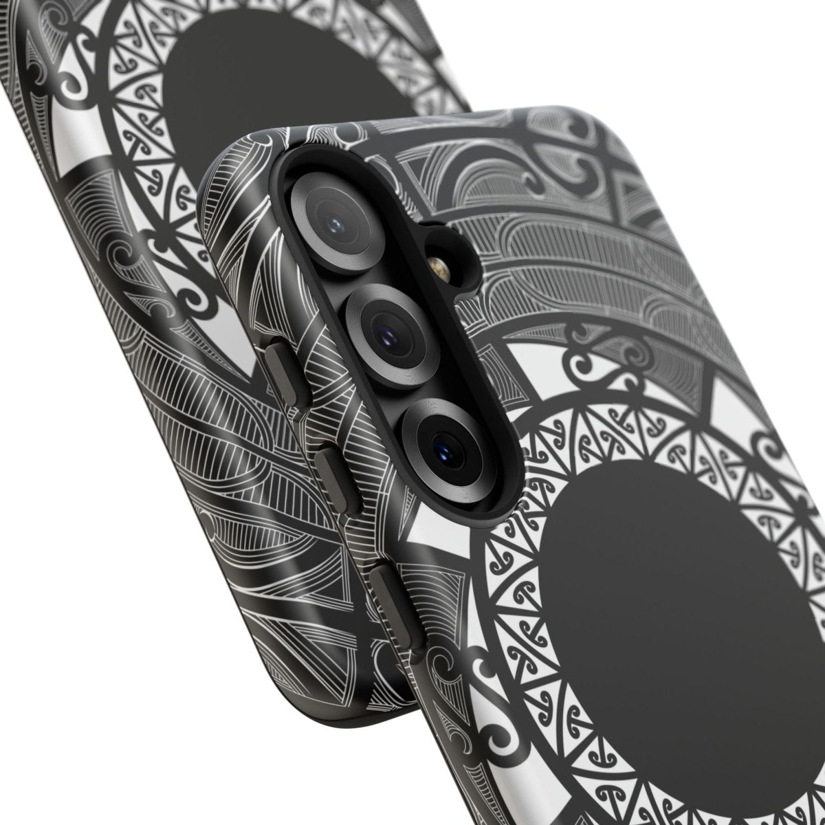 Durable WOYC Māori tough phone case featuring traditional Māori patterns on a protective phone cover.