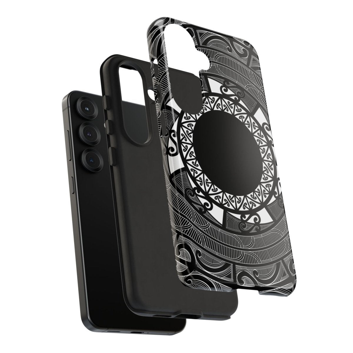 Durable WOYC Māori tough phone case with traditional Māori design, fitting iPhone or Android models, showcasing intricate cultural patterns.