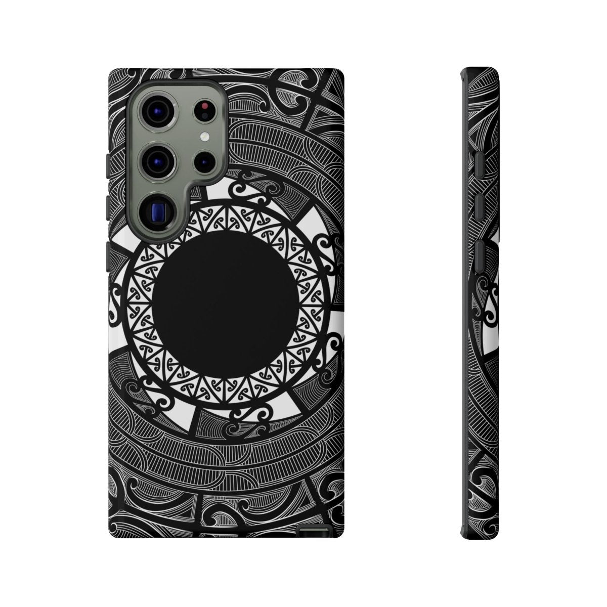 Tough Maori-themed phone case featuring traditional Māori patterns, designed for durable protection on smartphones.