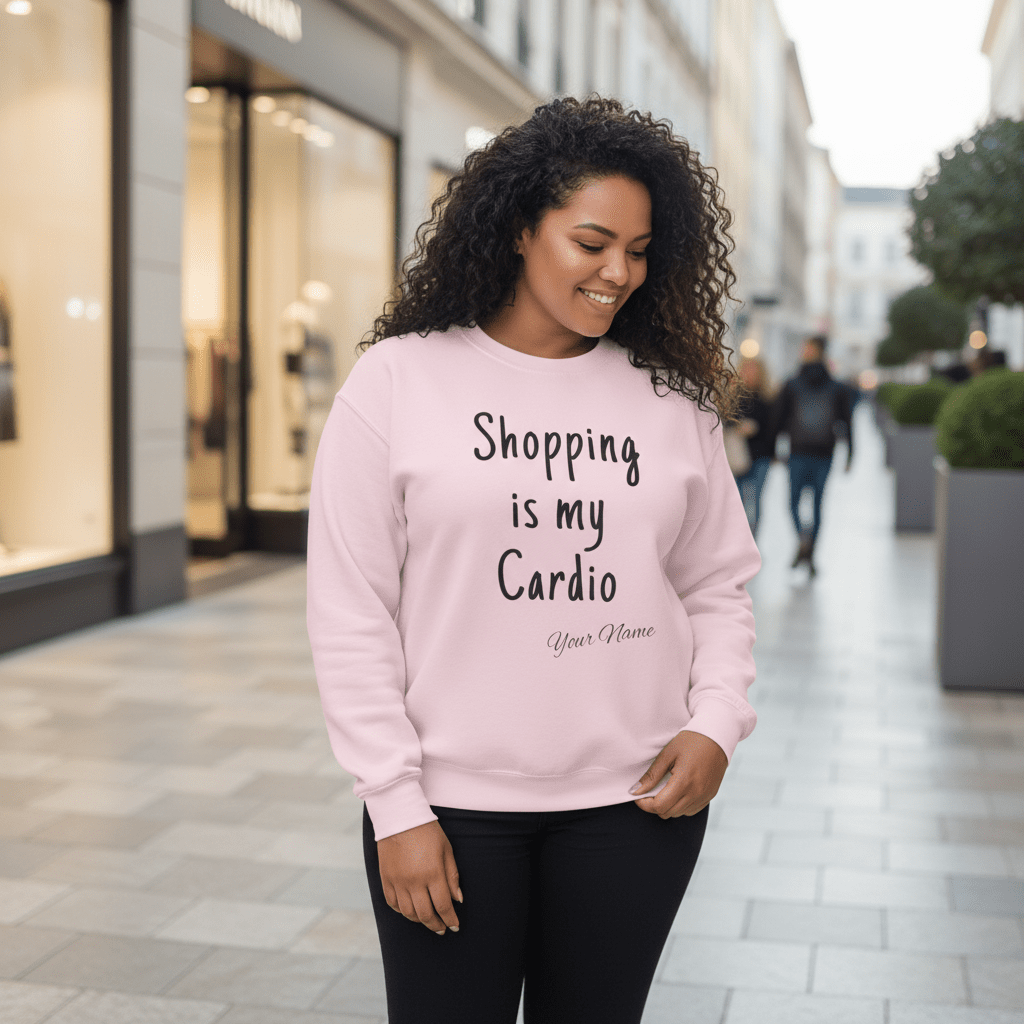 Unisex heavy sweatshirt with "Shopping is My Cardio" graphic by The Print Bar, casual style in dark fabric, front view.