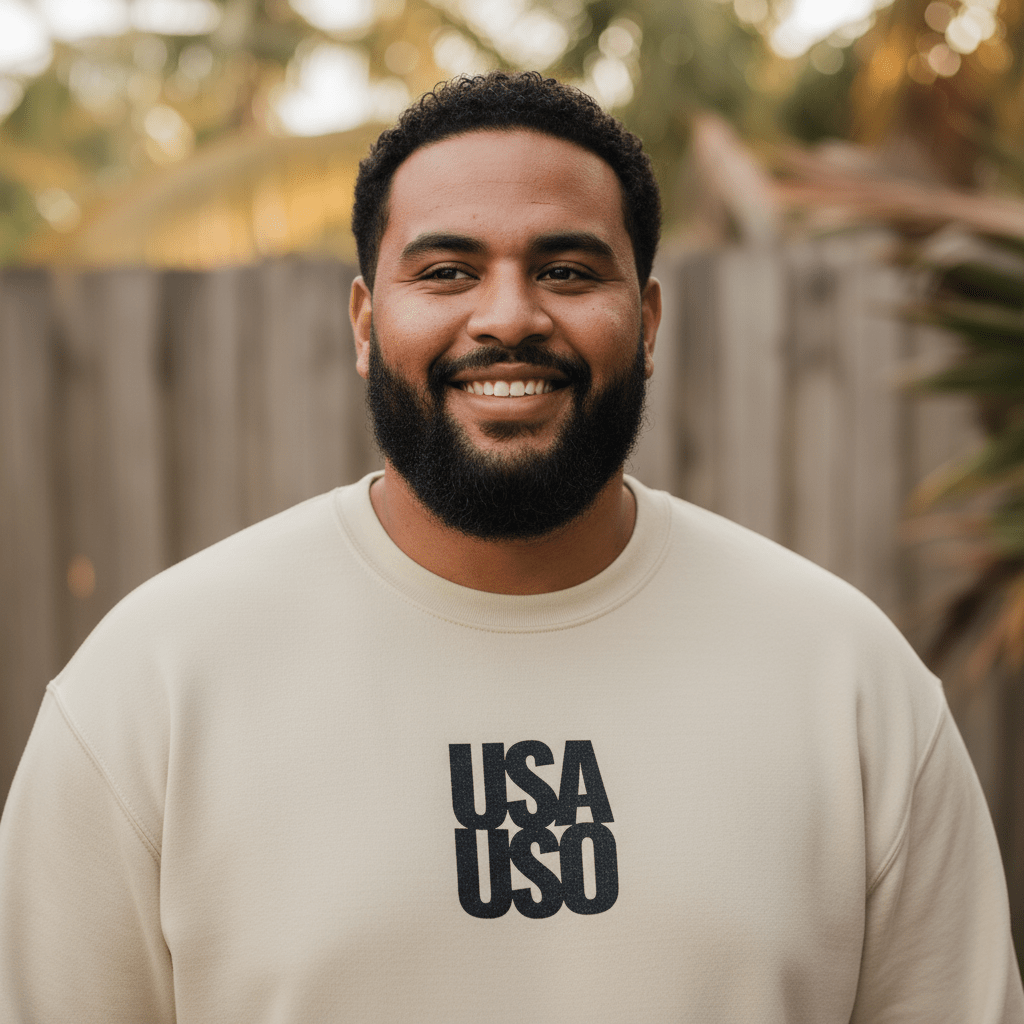 Unisex black heavy sweatshirt with USA USO embroidery by Fulfill Engine, featuring a comfortable fit and patriotic design.