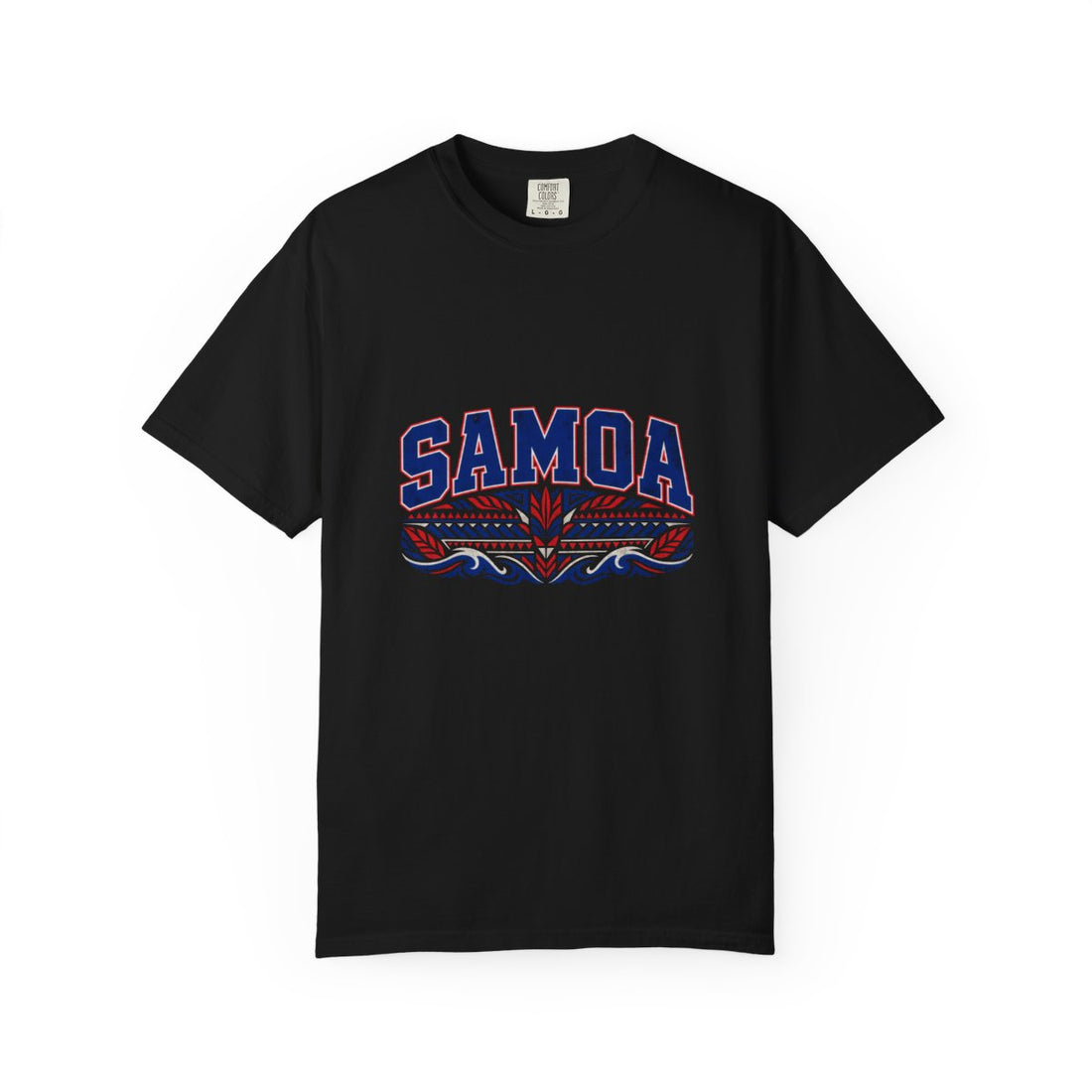 Samoa Varsity print on the front of a black unisex tee