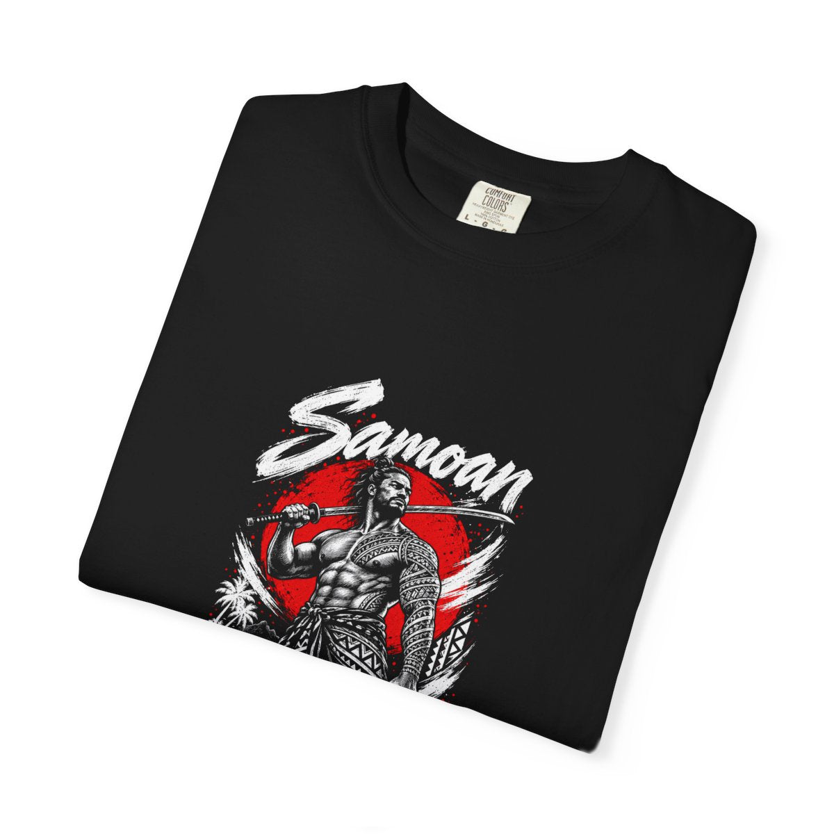 The black Samoan Samurai unisex tee folded with the print facing up