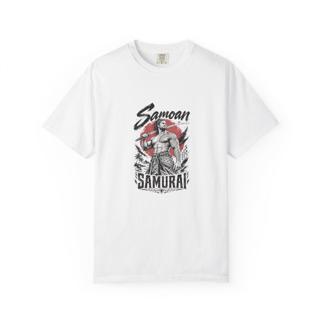 Samoan Samurai print on the front of a white unisex tee