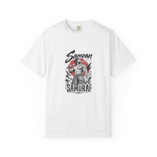 Samoan Samurai print on the front of a white unisex tee