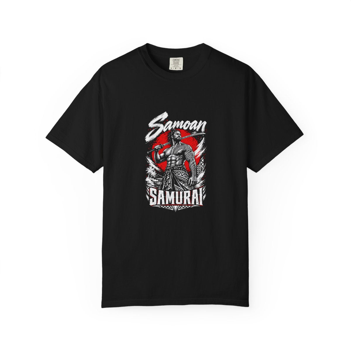 Samoan Samurai print on the front of a black unisex tee