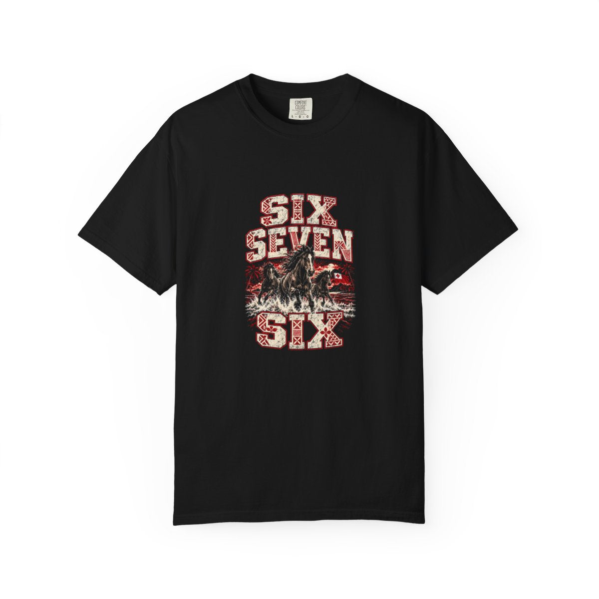 676 Tonga print on the front of a black unisex tee