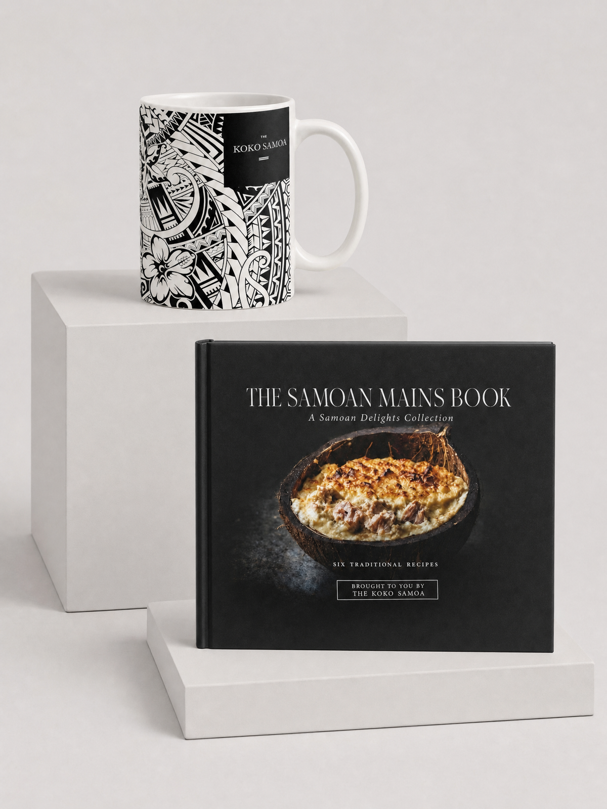 Thanksgiving Set gift set: Mug 11oz - Bloom and Recipe Keepsake - 6 Samoan Mains, shown together.