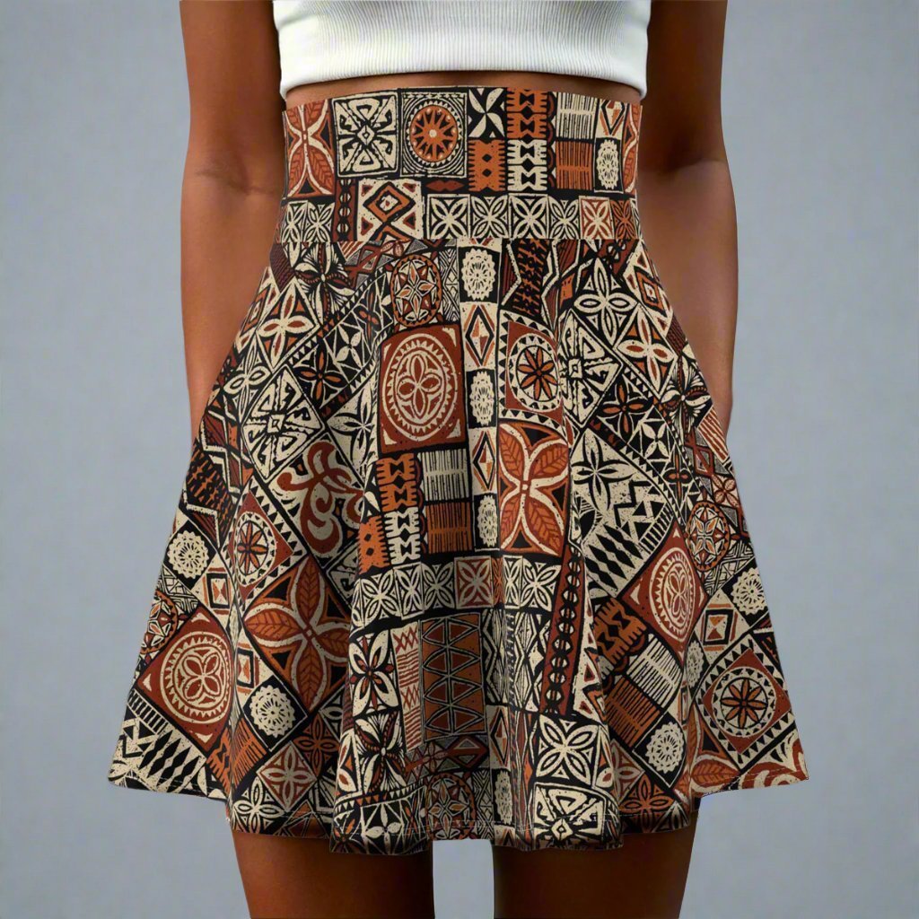 Women's Elei print skater skirt by MWW on Demand with vibrant tropical pattern, flowing fabric, perfect for casual or summer wear.