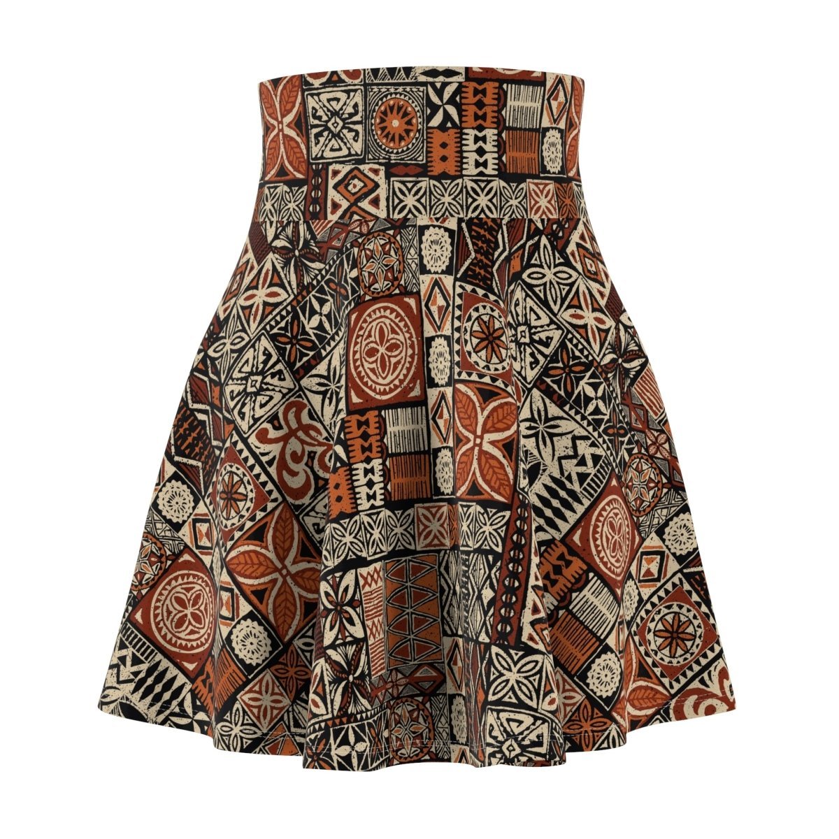 Women's Elei print skater skirt by MWW on Demand, featuring vibrant traditional Polynesian patterns and a flared silhouette.