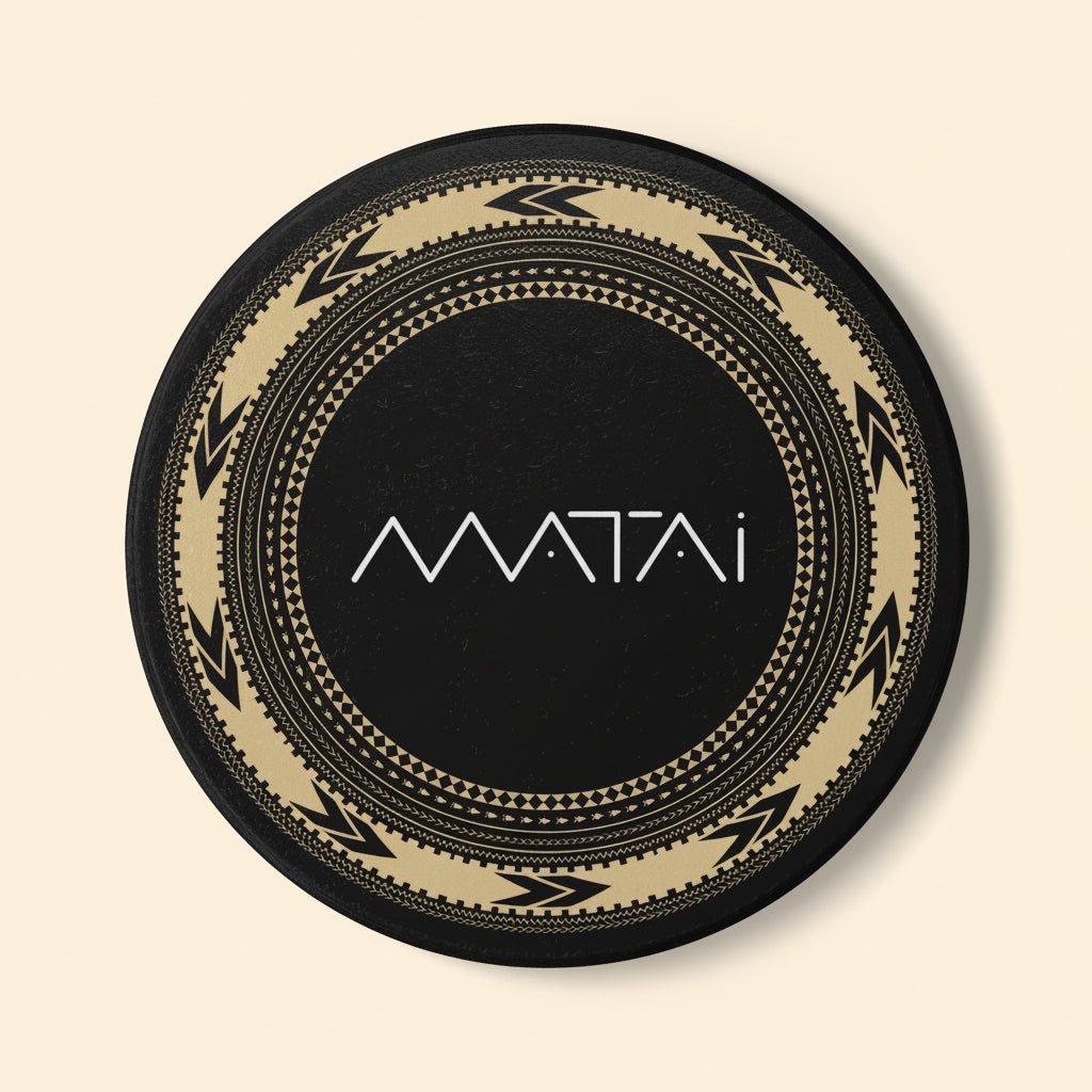 Round Matai Pe'a coasters by WOYC, featuring intricate home decor design, ideal for protecting surfaces in USA homes.