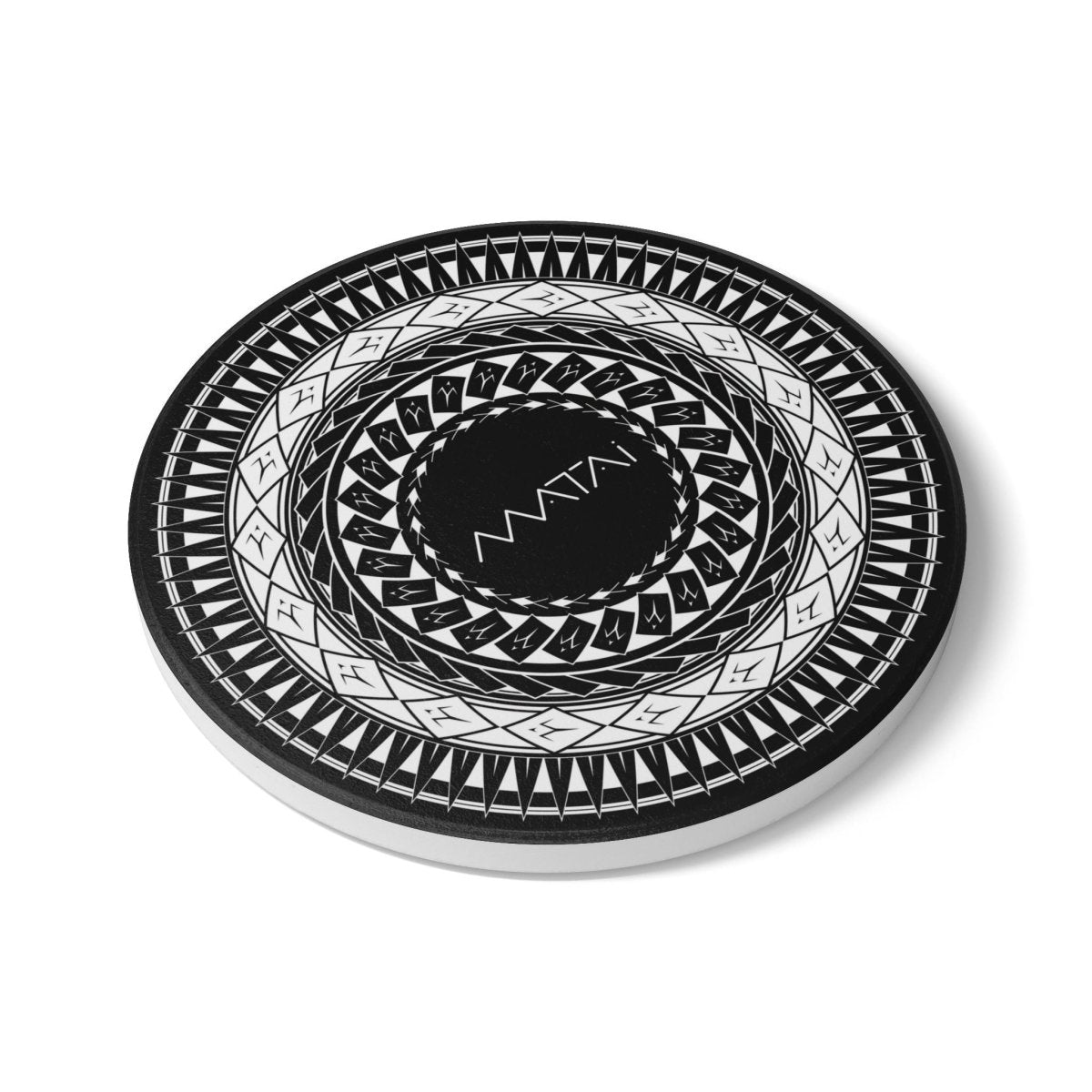 Set of WOYC Matai Samoan Spear home decor coasters featuring round design with traditional Samoan spear motifs.