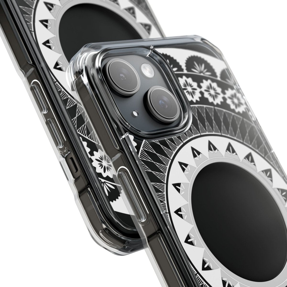 PasifikaOne MagSafe clear case for iPhone 16, featuring Fiji design, transparent build, and precise cutouts for ports and buttons.