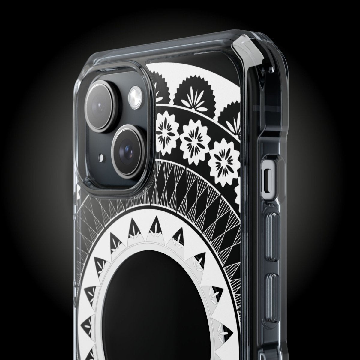 PasifikaOne MagSafe clear case for iPhone 16 featuring Fiji design, transparent protective cover with MagSafe compatibility.