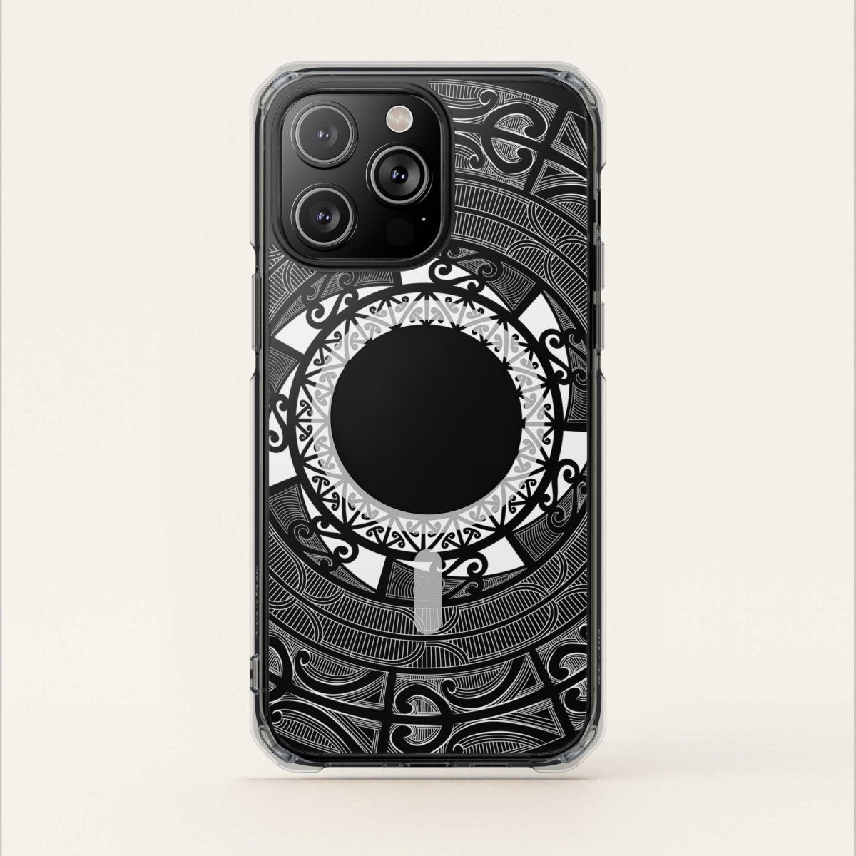 PasifikaOne MagSafe clear case for iPhone 16 featuring Māori design, transparent protective cover for MagSafe compatibility.