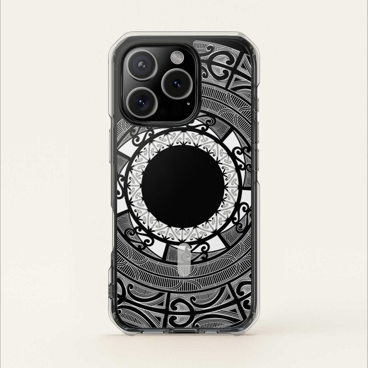 PasifikaOne MagSafe clear case for iPhone 16, featuring Māori-inspired design, transparent protective cover with MagSafe compatibility.