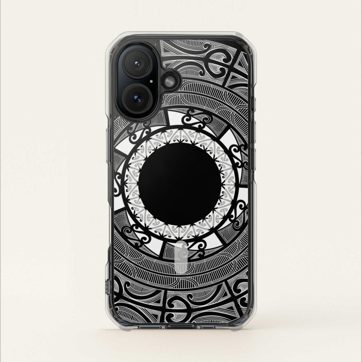 PasifikaOne MagSafe clear case for iPhone 16 featuring Māori design, transparent protective cover with MagSafe compatibility