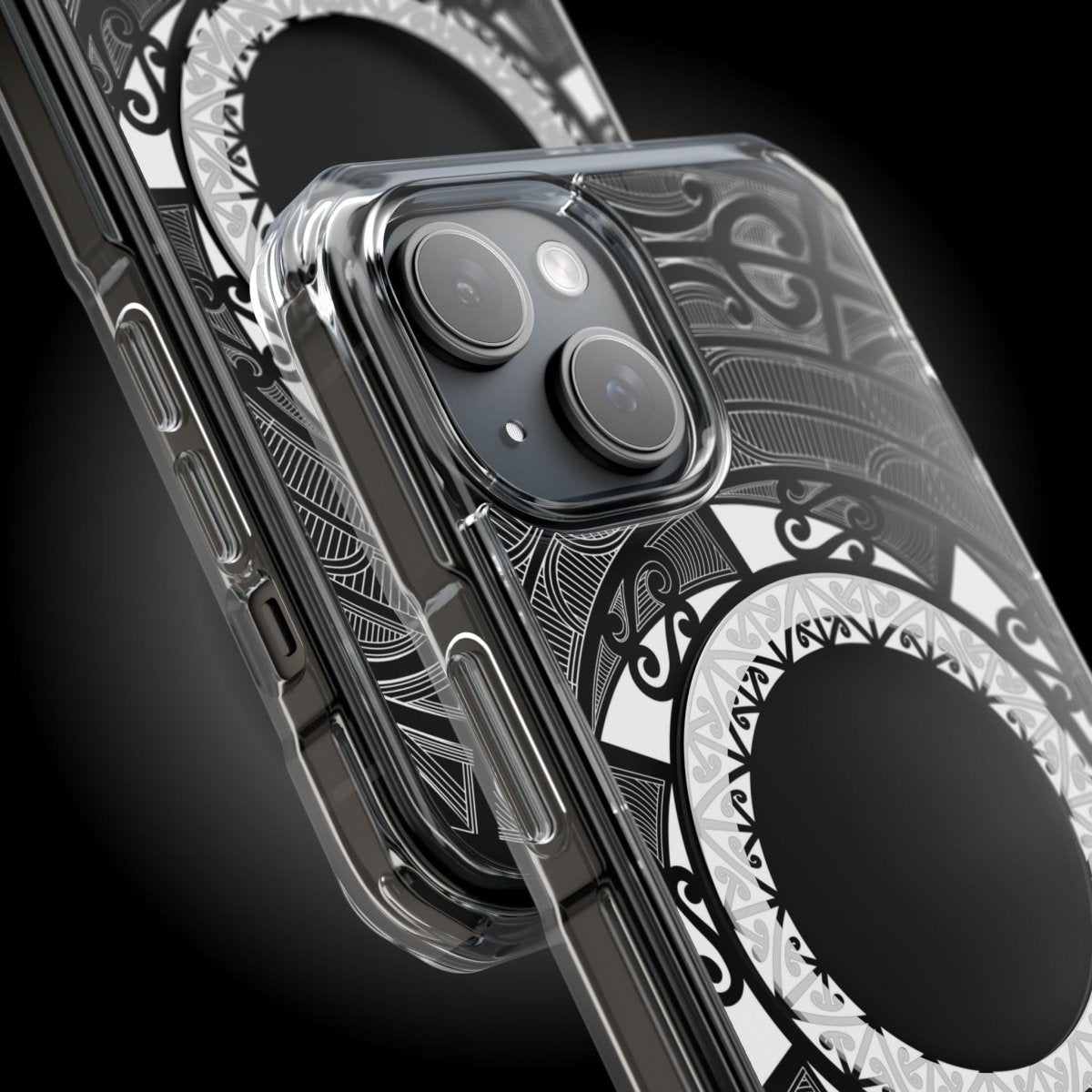 Clear MagSafe iPhone 16 case featuring Māori PasifikaOne design, showcasing a transparent protective cover with Māori-inspired artwork.