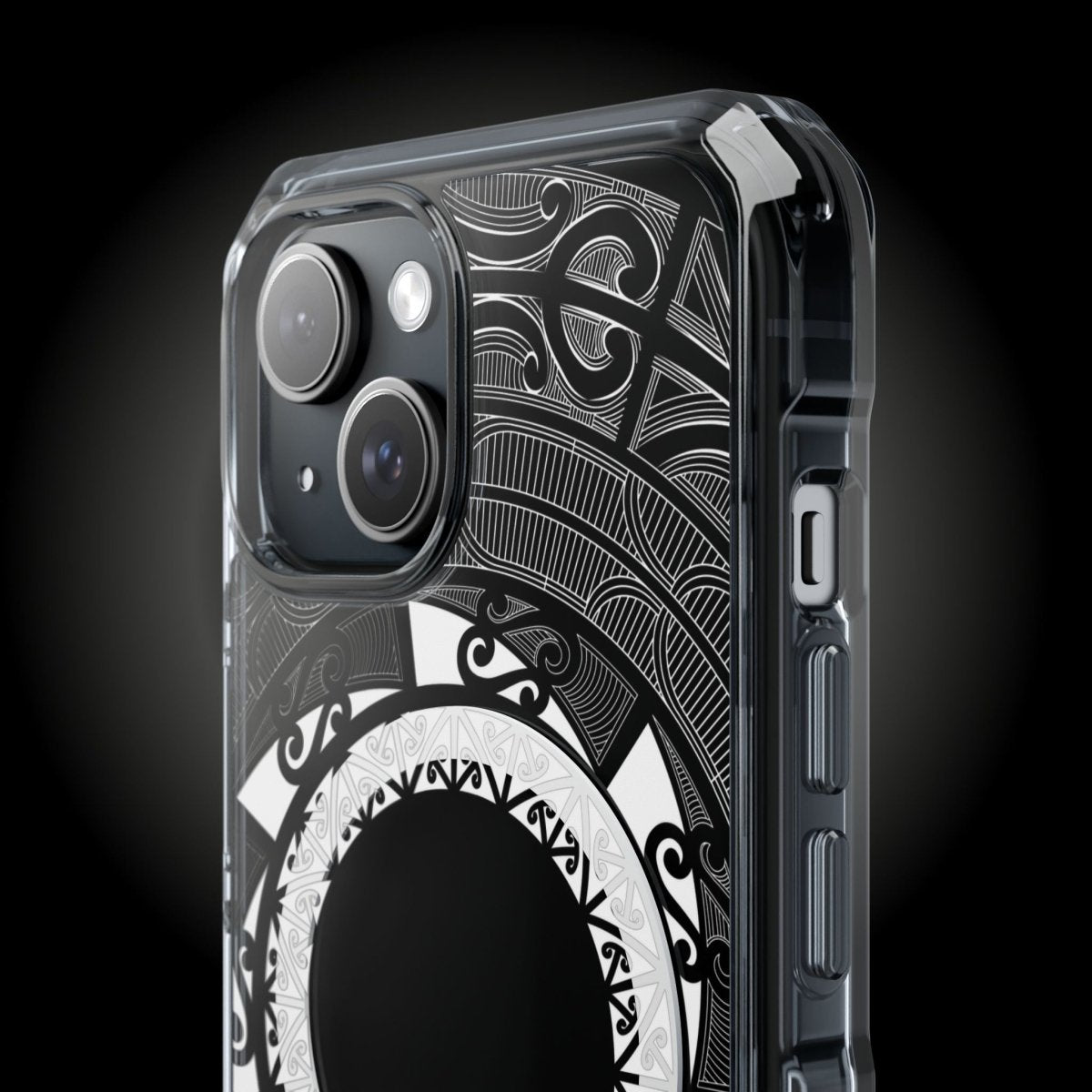 PasifikaOne MagSafe clear case for iPhone 16 featuring Māori design, transparent protective cover with MagSafe compatibility.