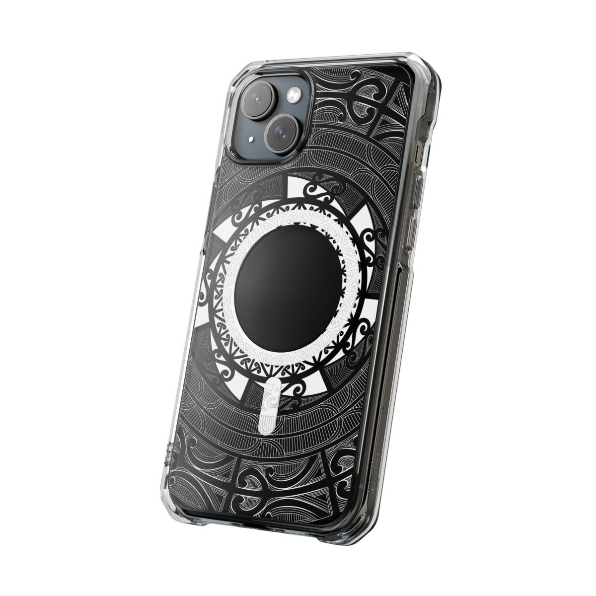 PasifikaOne MagSafe clear case for iPhone 16 featuring Māori design, transparent protective cover with MagSafe compatibility.