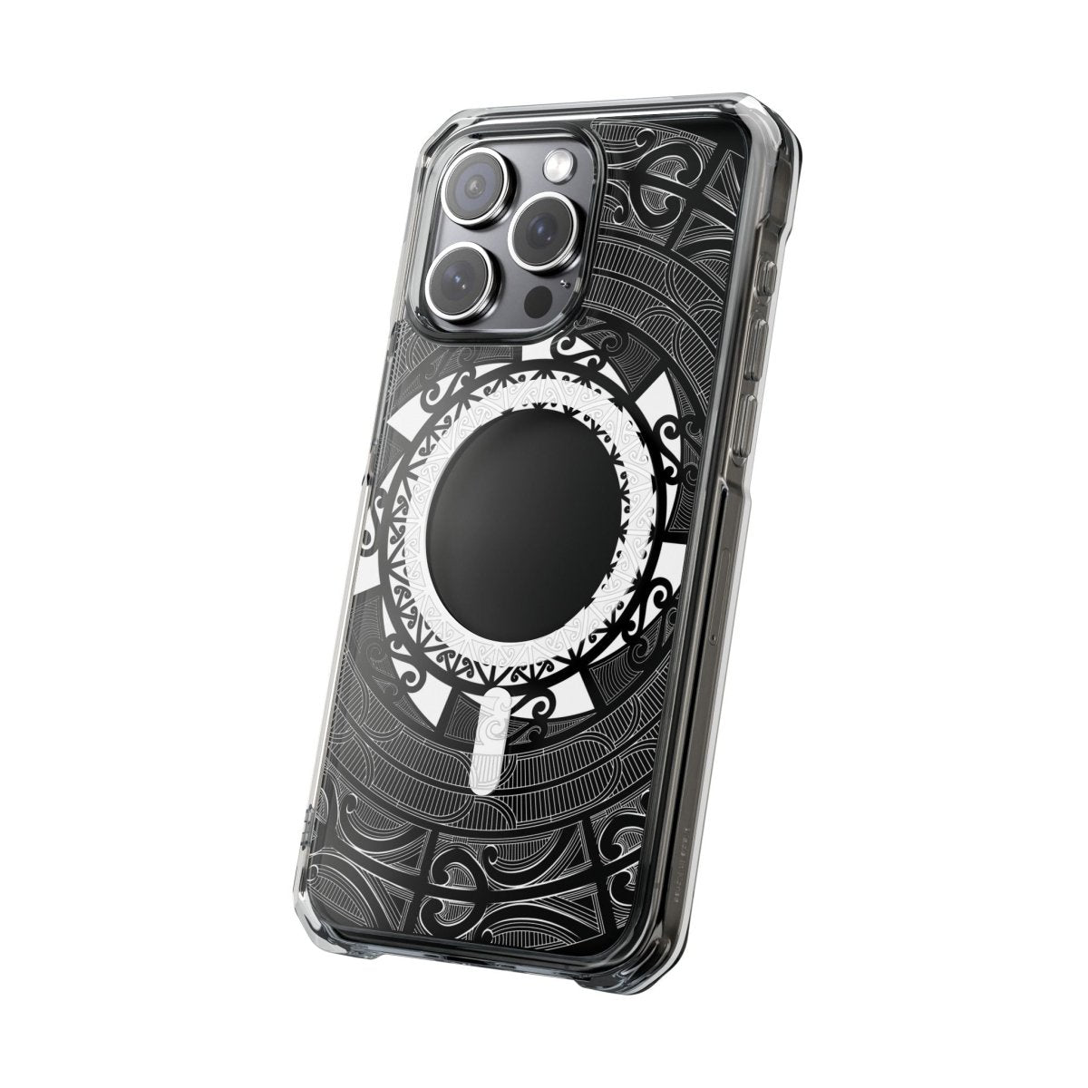 PasifikaOne MagSafe clear case for iPhone 16 featuring Māori design, transparent protective cover with MagSafe compatibility.