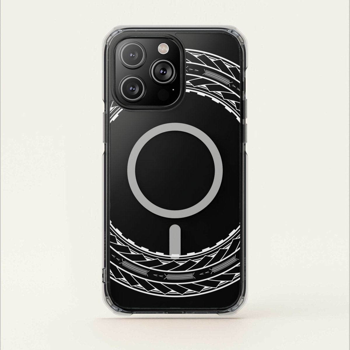 PasifikaOne MagSafe clear case for iPhone 16 featuring Samoan Arrows design, transparent protective phone cover.